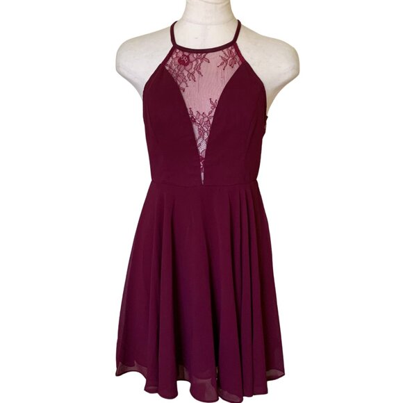 Lulus Burgundy Red Lace Backless Skater Fit & Flare Mini Dress XS - Picture 2 of 12